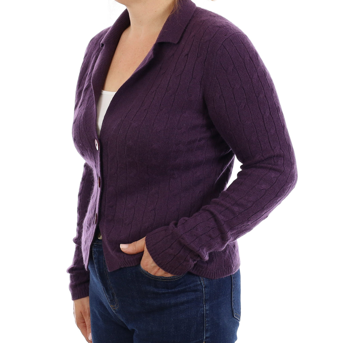 Blueberry Purple Cable Cashmere Collared Cardigan Medium