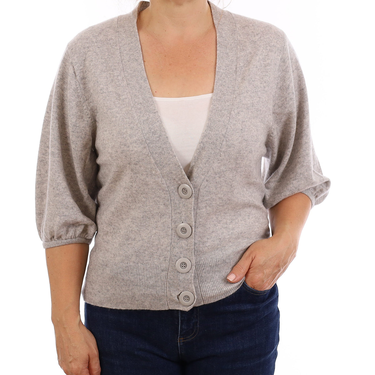 Mist Grey Cashmere Short Sleeve V Neck Cardigan Medium