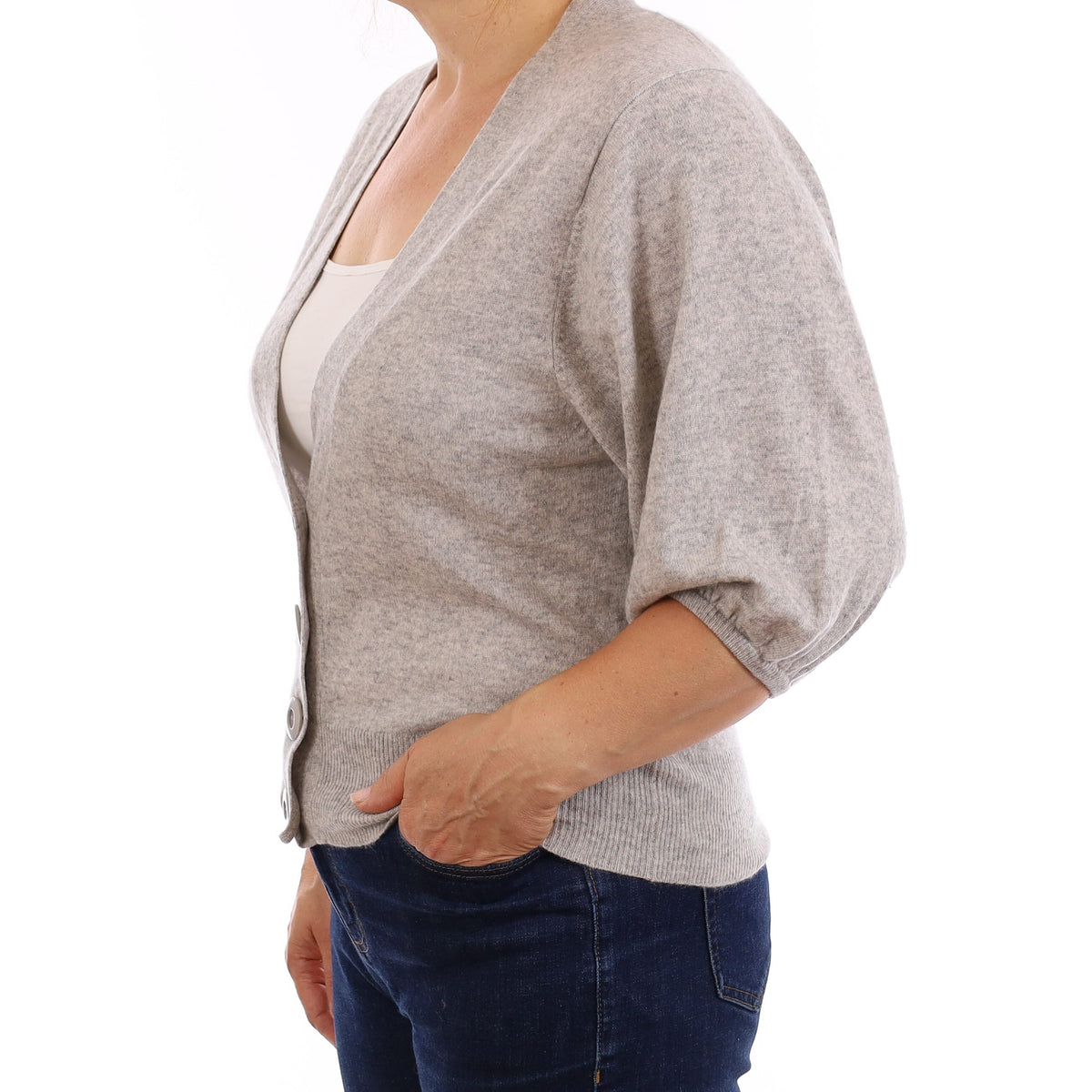Mist Grey Cashmere Short Sleeve V Neck Cardigan Medium