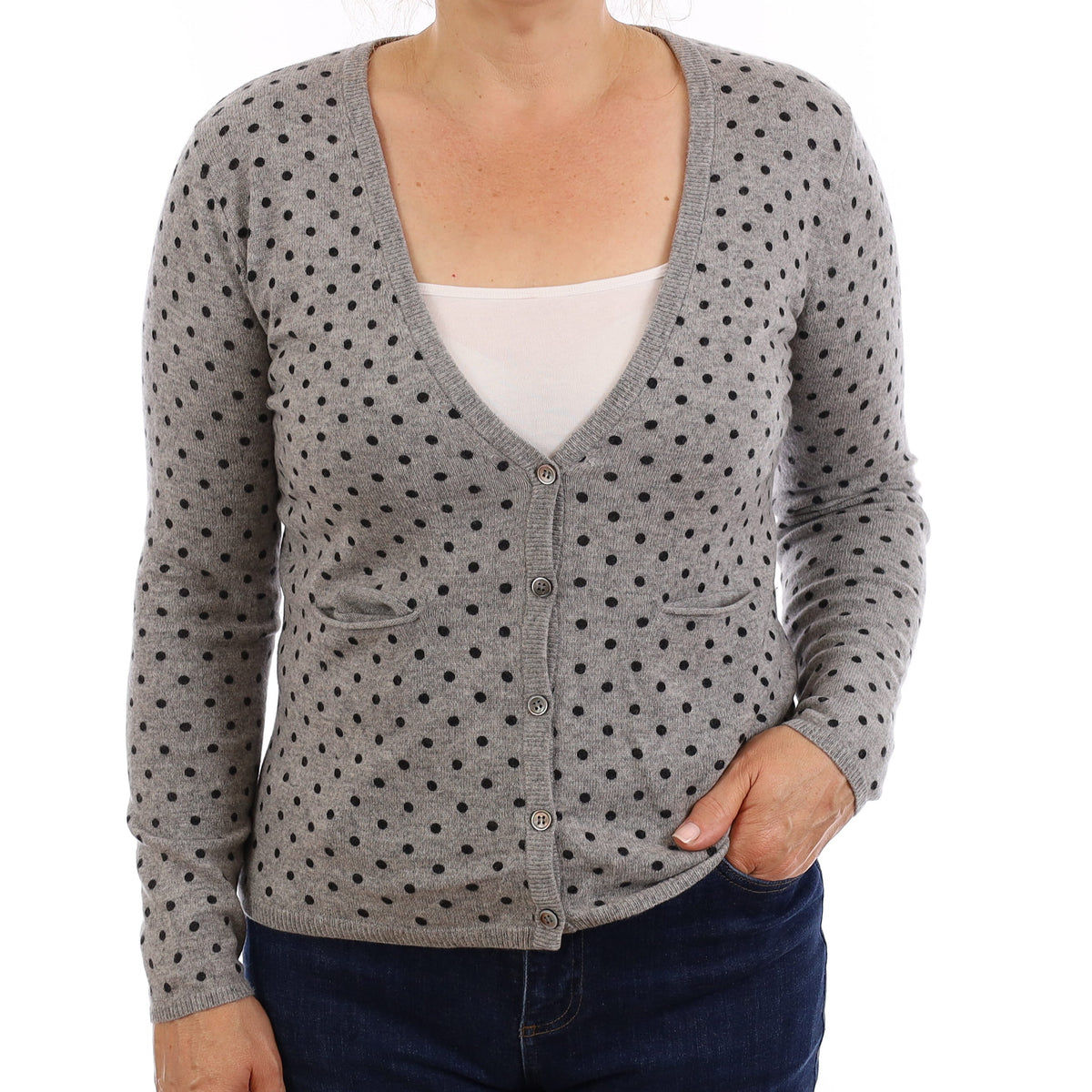 Grey and Black Spotted Cashmere V Neck Cardigan Medium