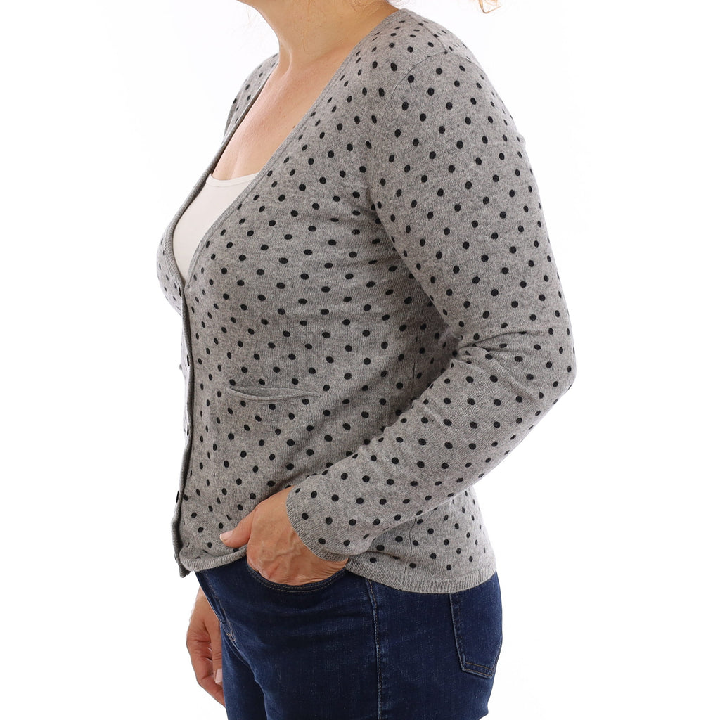 Grey and Black Spotted Cashmere V Neck Cardigan Medium