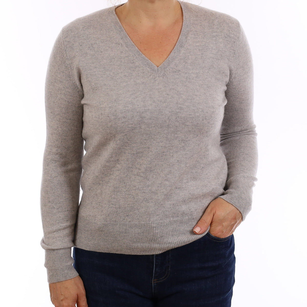 Mist Grey Cashmere V Neck Jumper Medium