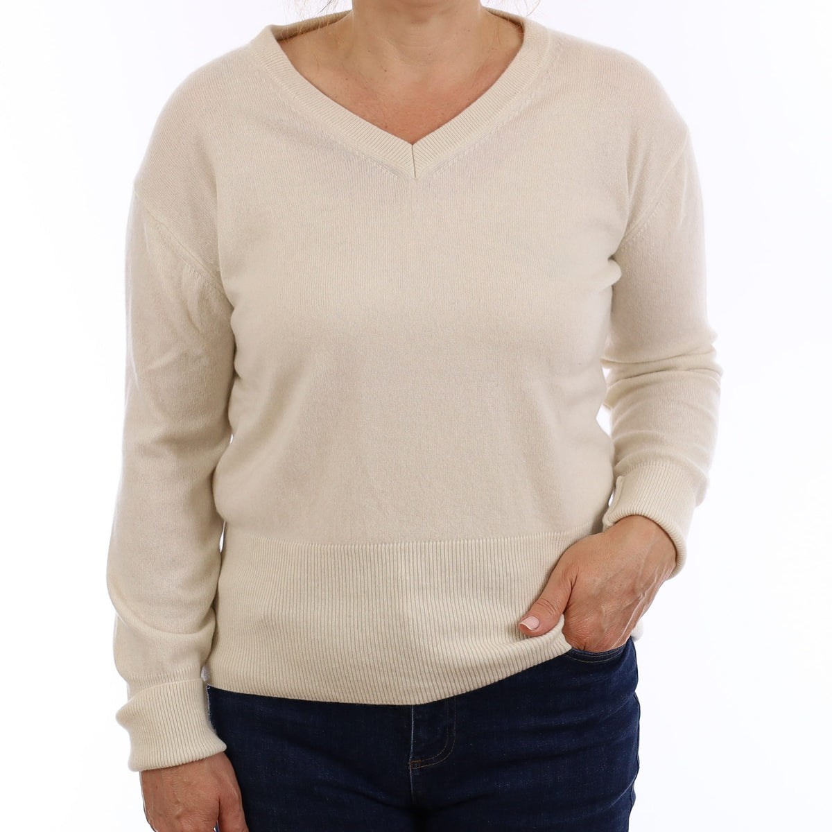 Ivory Cashmere Slouchy V Neck Jumper Medium