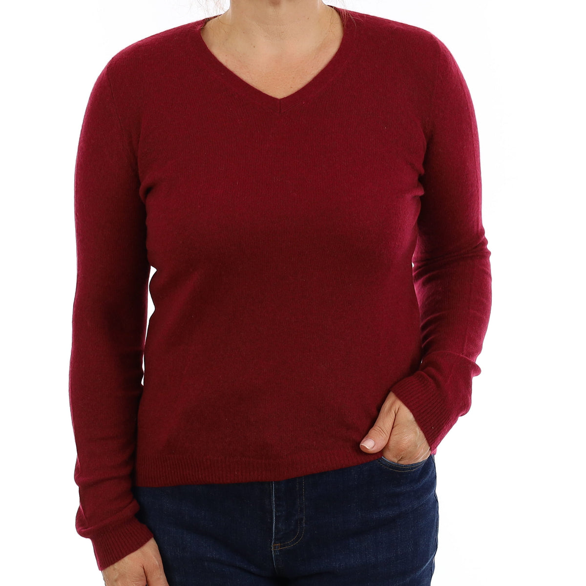 Burgundy Red Cashmere V Neck Jumper Medium