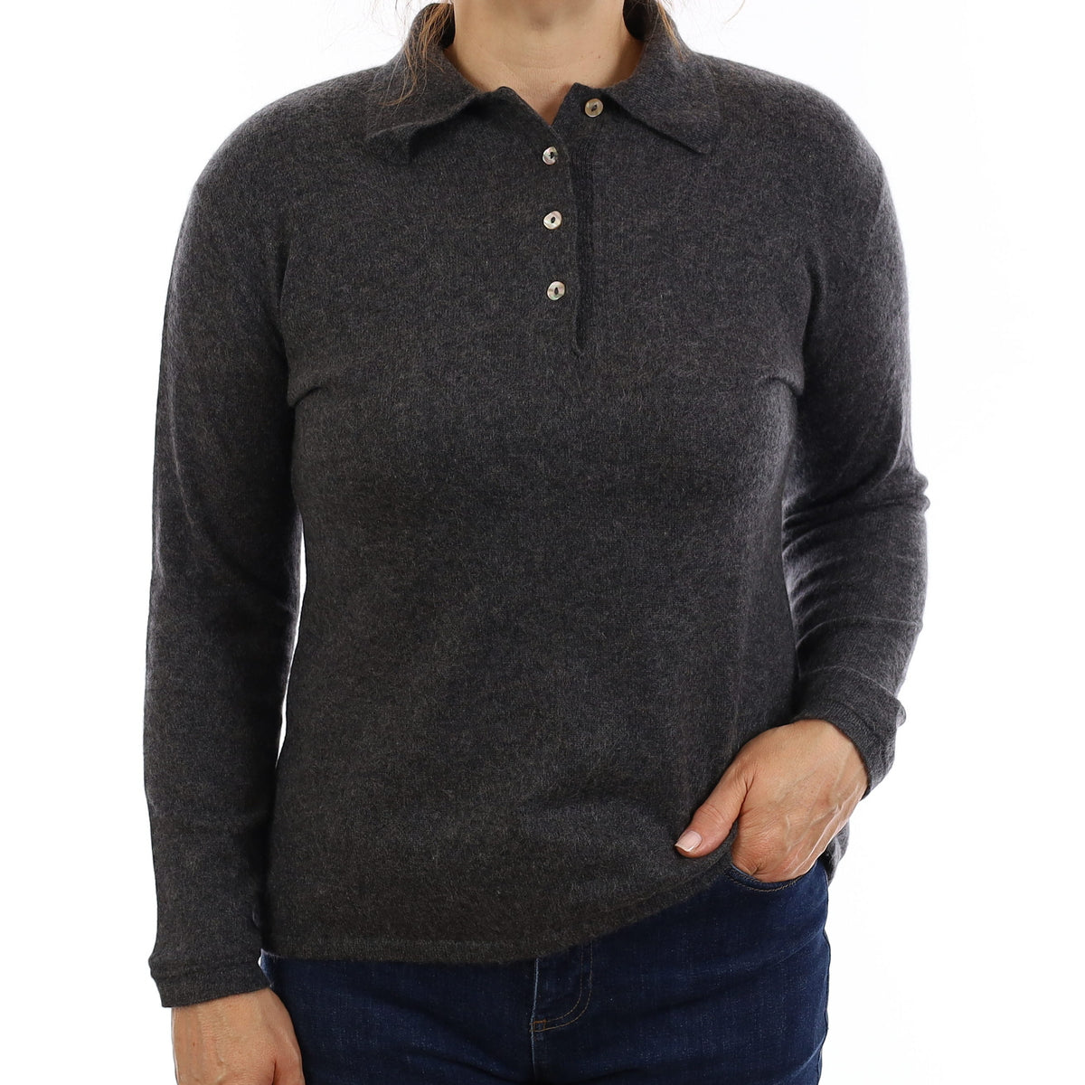 Italian Granite Grey Cashmere 1/4 Button Jumper Medium