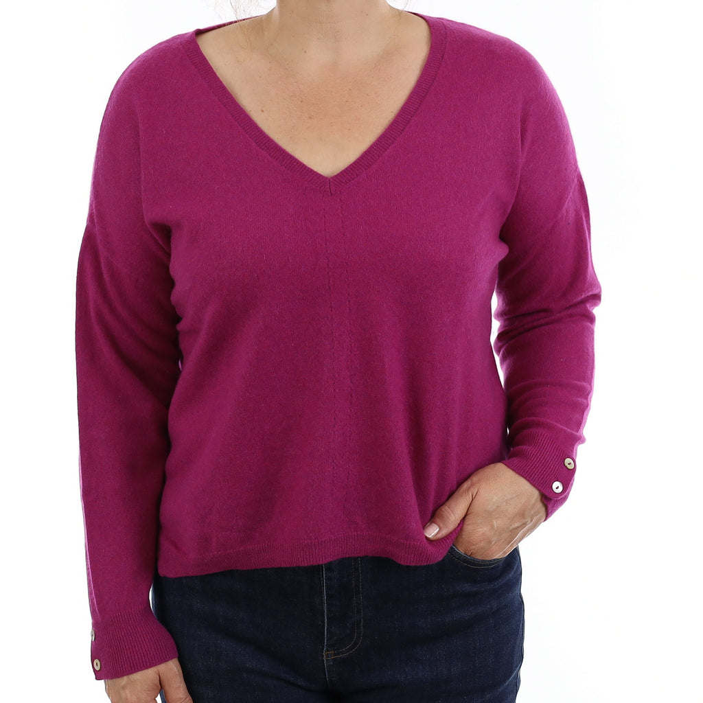 Magenta Pink Cashmere Boxy V Neck Jumper Medium