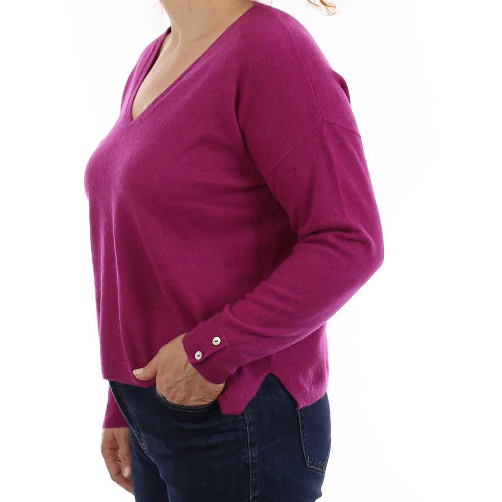 Magenta Pink Cashmere Boxy V Neck Jumper Medium