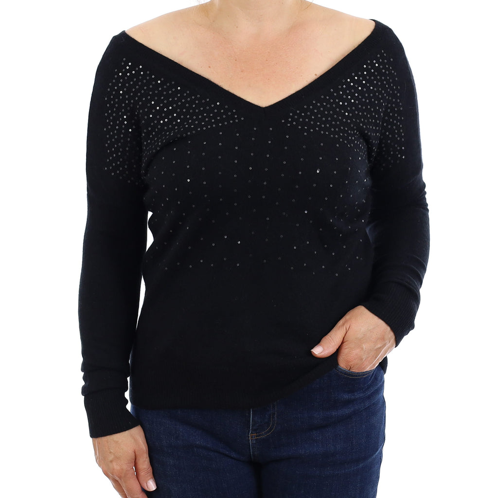 Black Sequinned Cashmere V Neck Jumper Medium