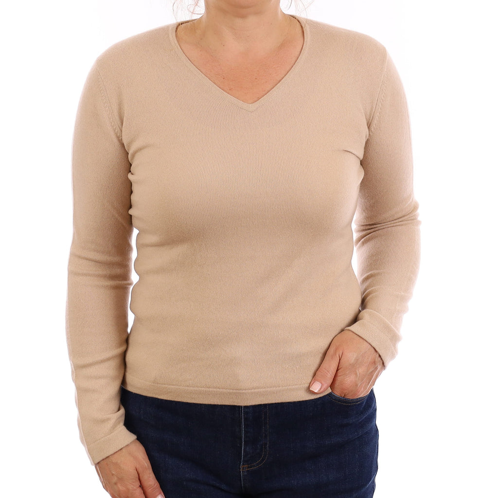 Beige Cashmere V Neck Jumper Medium