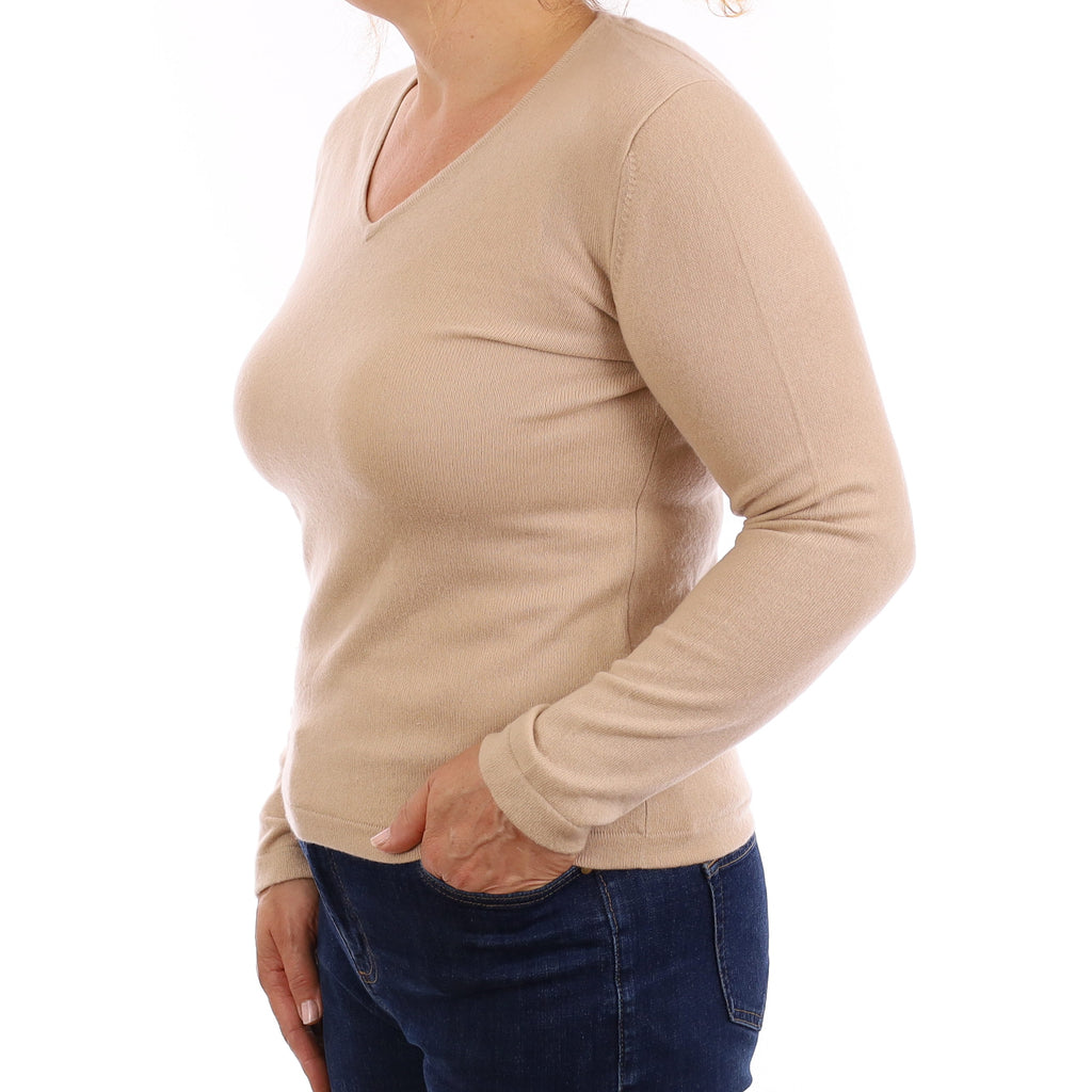 Beige Cashmere V Neck Jumper Medium