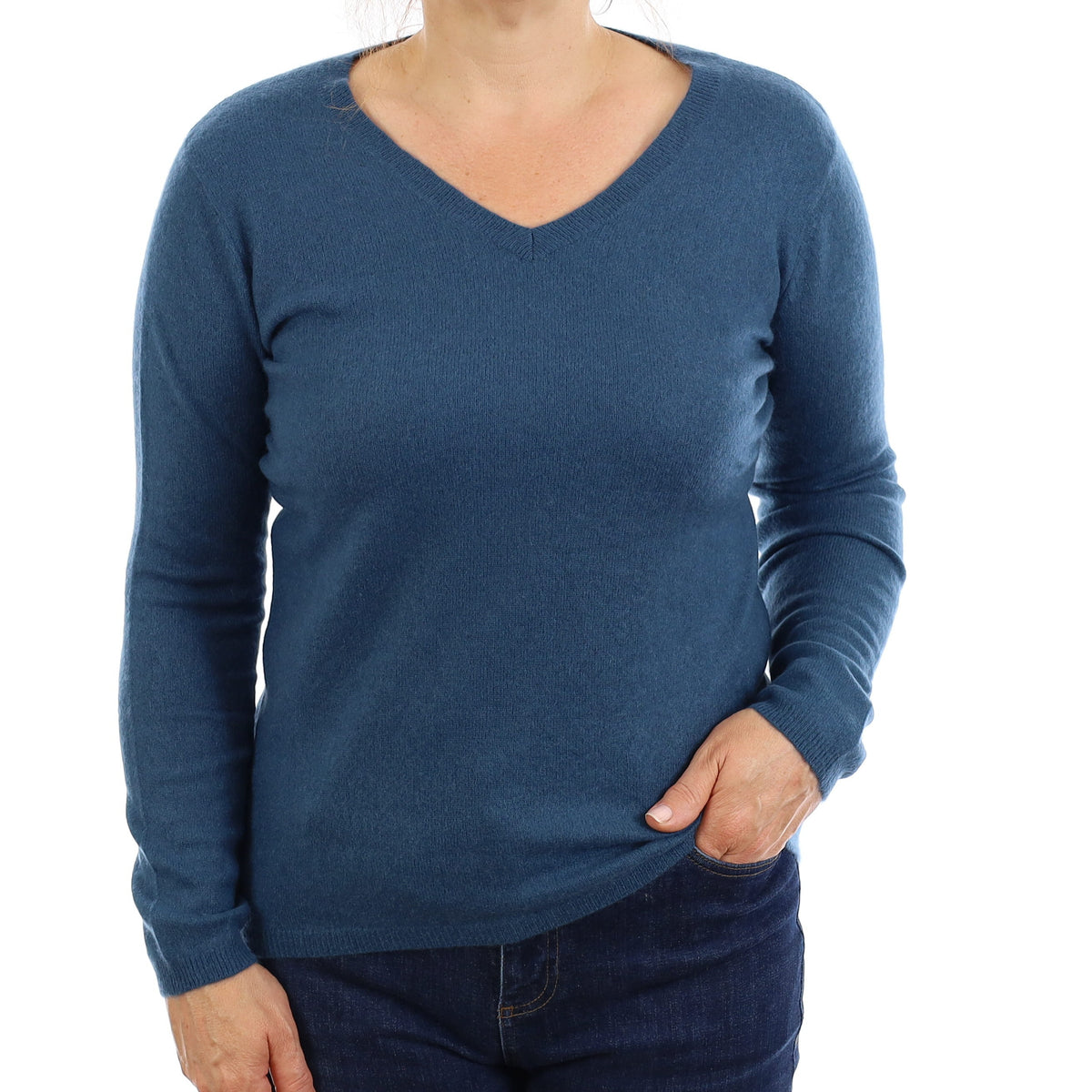 Petrol Blue Cashmere V Neck Jumper Medium