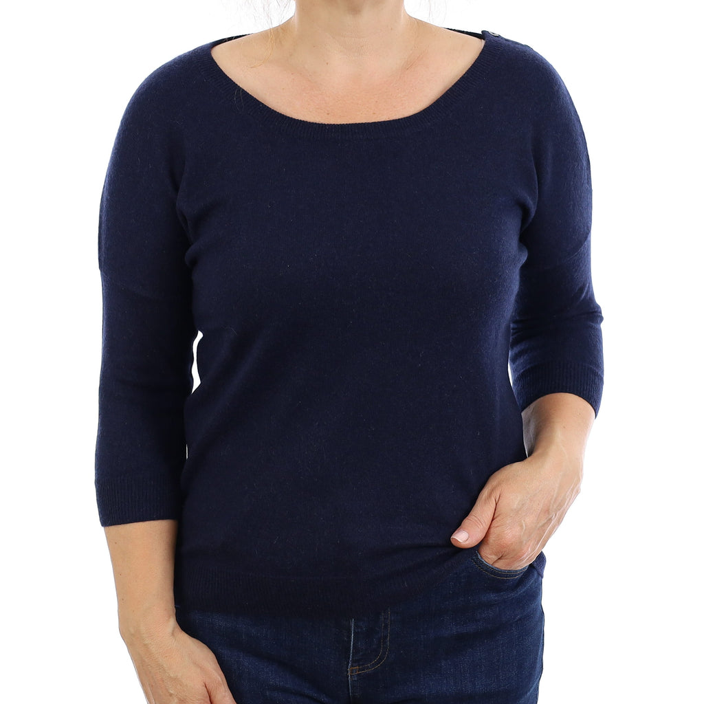 Navy Cashmere 3/4 Sleeve Crew Neck Jumper Medium