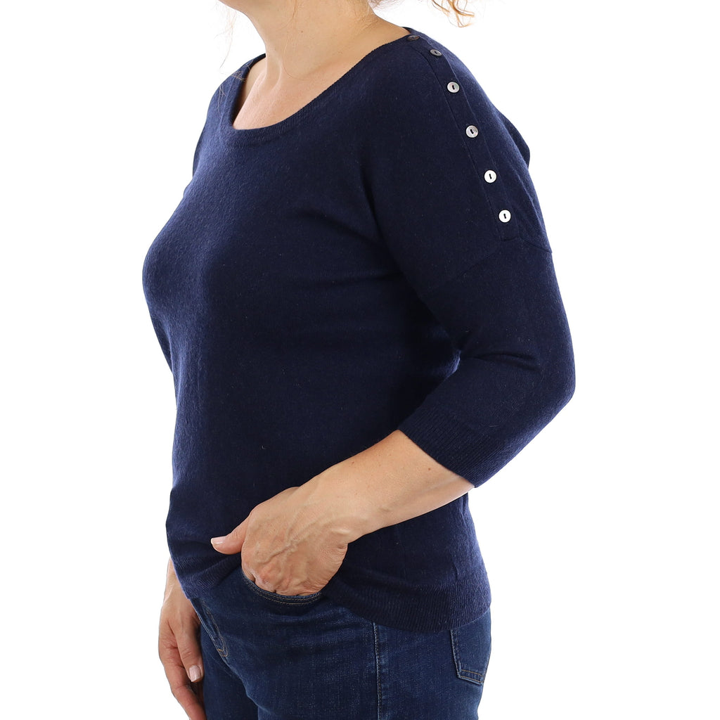 Navy Cashmere 3/4 Sleeve Crew Neck Jumper Medium