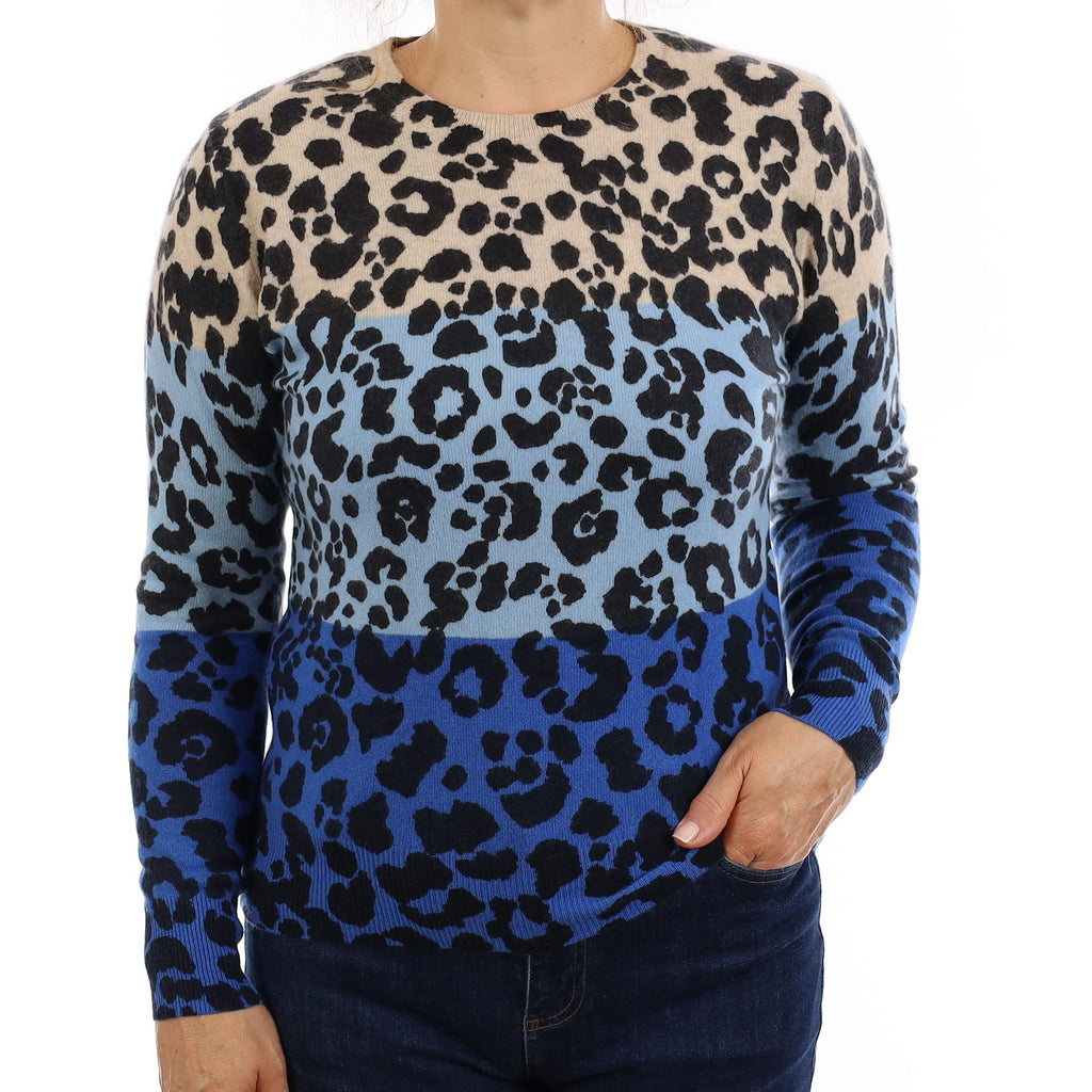 Blue Leopard Print Cashmere Crew Neck Jumper Medium