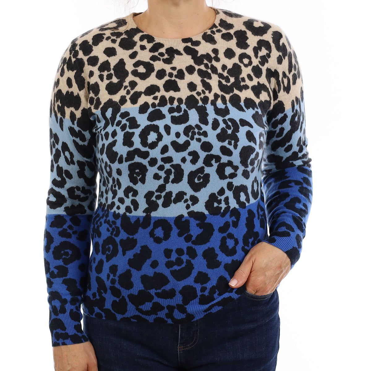 Blue Leopard Print Cashmere Crew Neck Jumper Medium