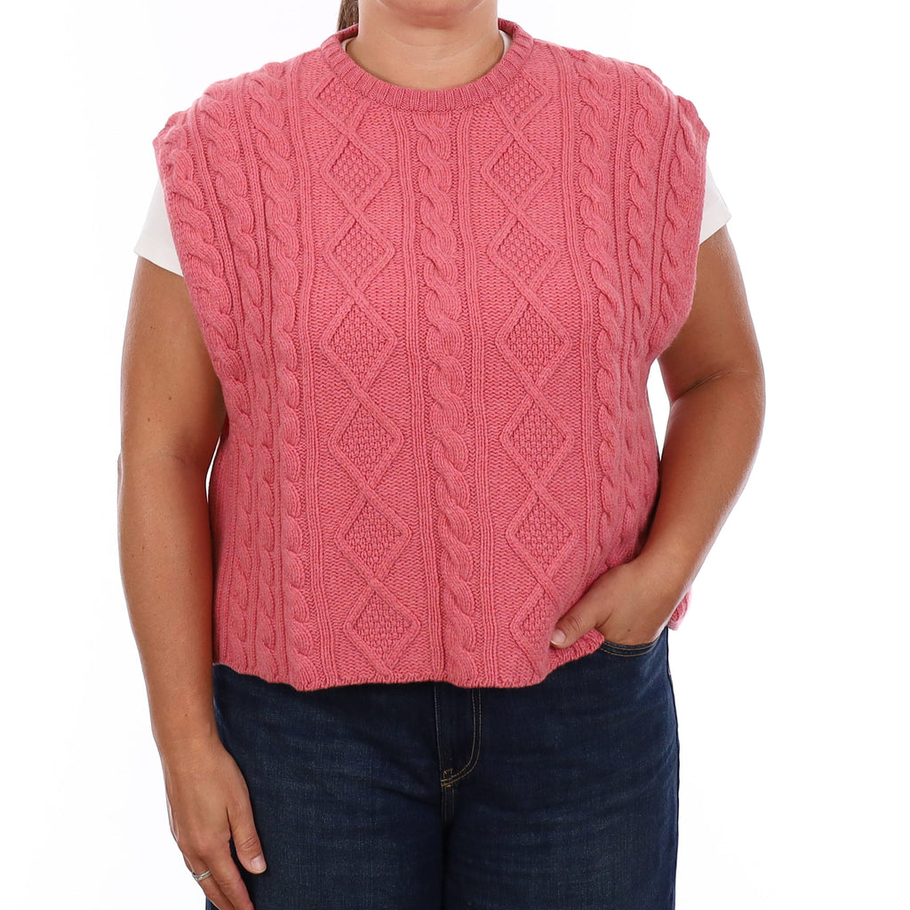 Brand New Scottish Rose Pink Chunky Cable Cashmere Slouchy Tank Top Large