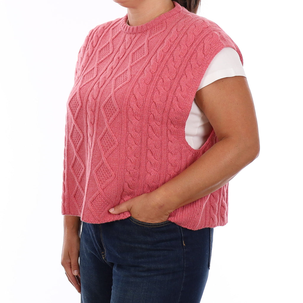 Brand New Scottish Rose Pink Chunky Cable Cashmere Slouchy Tank Top Large