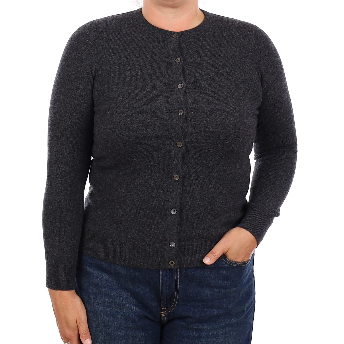 Brand New Scottish Charcoal Grey Cashmere Crew Neck Cardigan Large UK16
