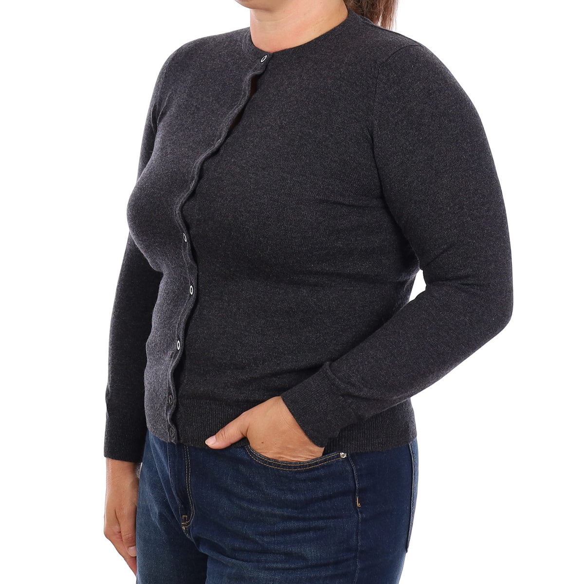 Brand New Scottish Charcoal Grey Cashmere Crew Neck Cardigan Large UK16