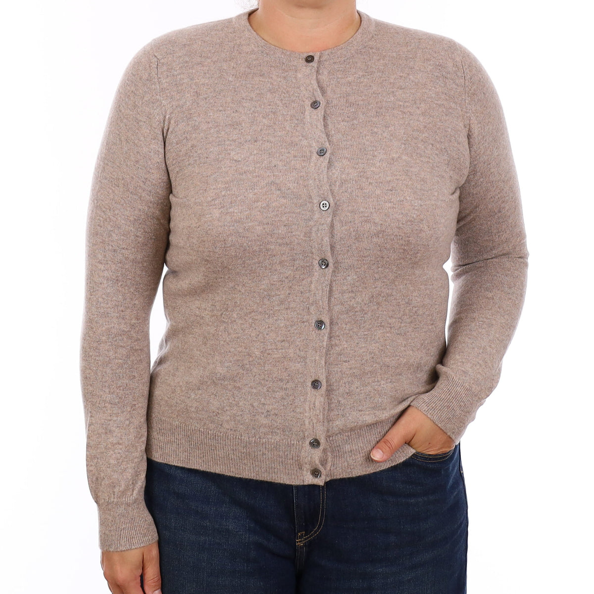 Brand New Scottish Taupe Brown Cashmere Crew Neck Cardigan Large UK16