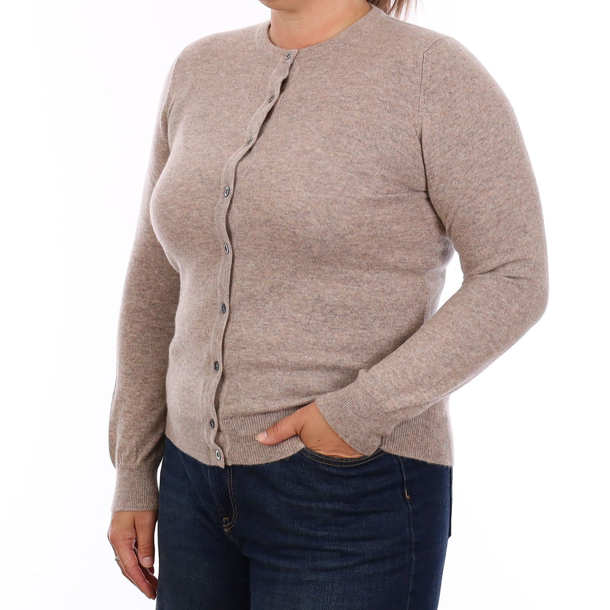 Brand New Scottish Taupe Brown Cashmere Crew Neck Cardigan Large UK16