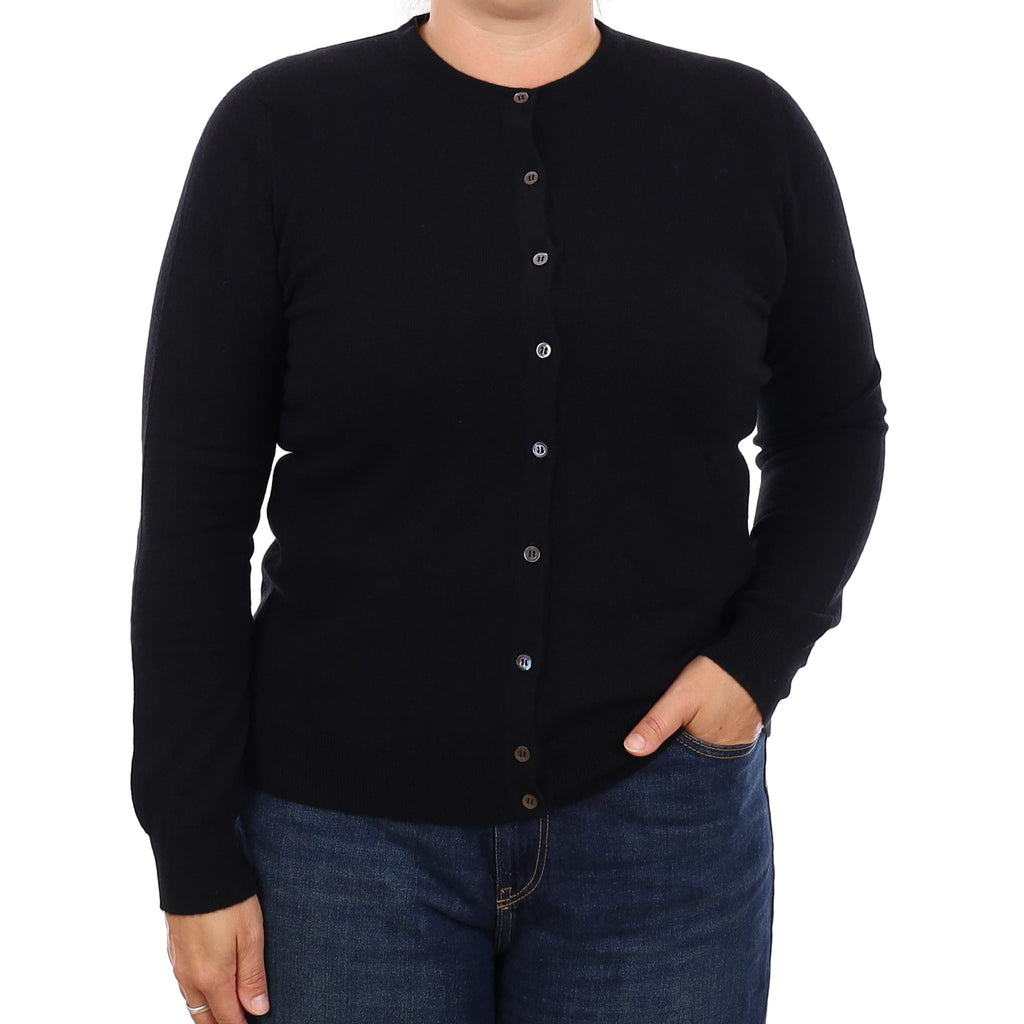 Brand New Scottish Black Cashmere Crew Neck Cardigan Large UK18