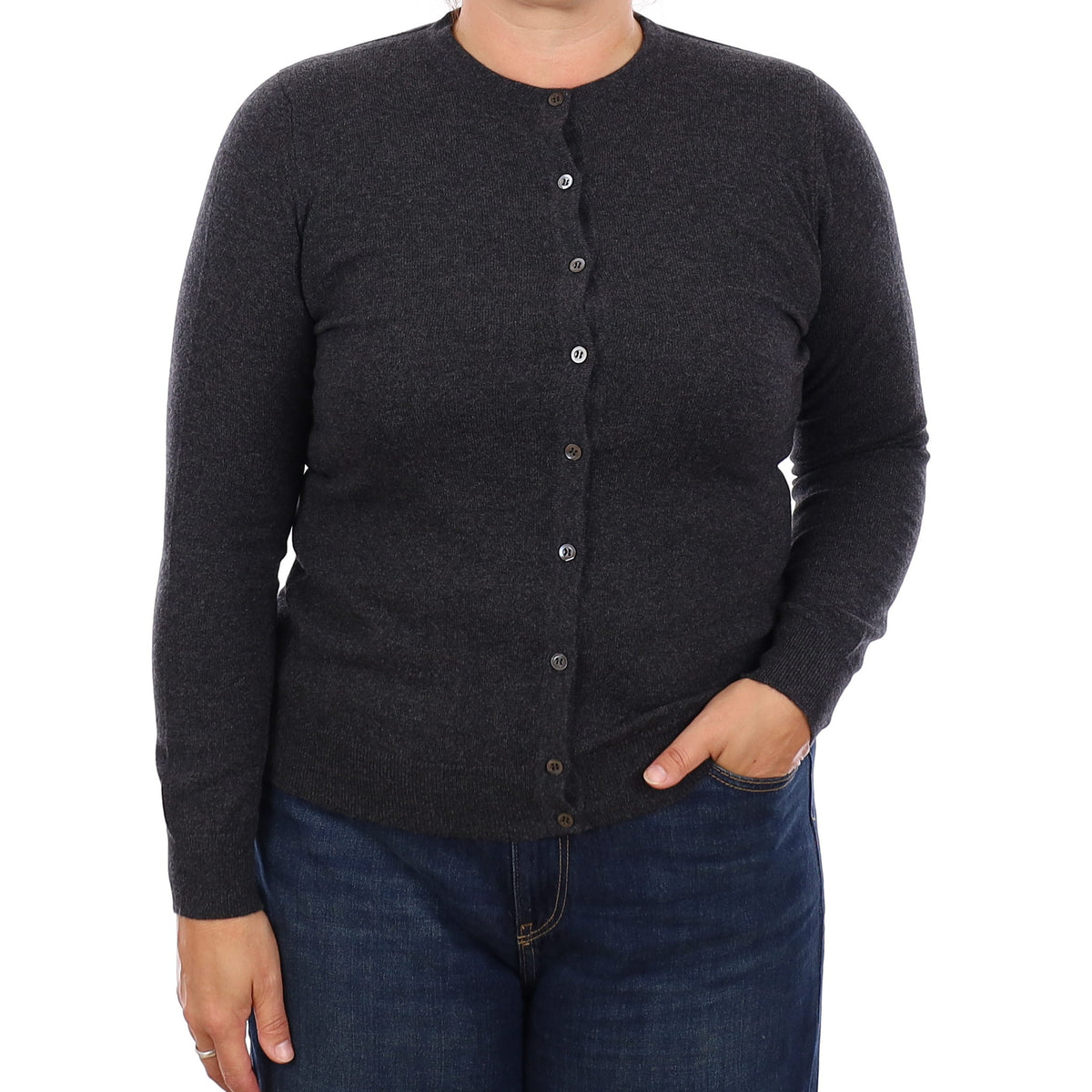 Brand New Scottish Charcoal Grey Cashmere Crew Neck Cardigan Large UK18