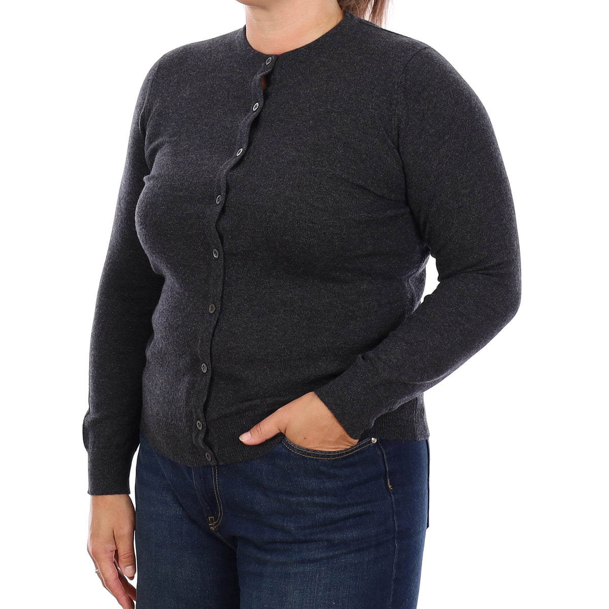 Brand New Scottish Charcoal Grey Cashmere Crew Neck Cardigan Large UK18