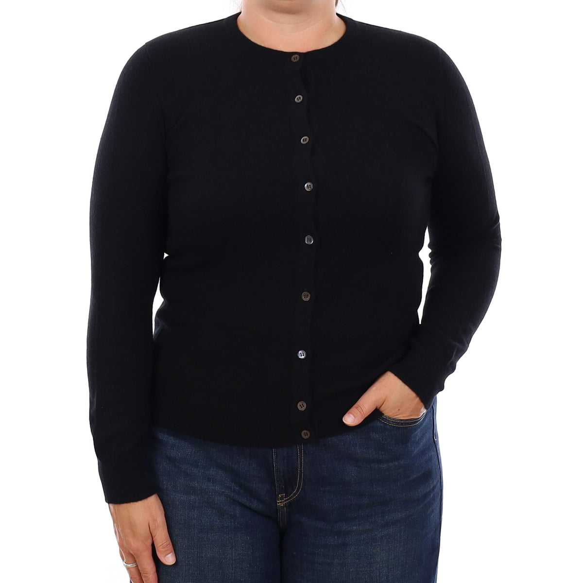 Brand New Scottish Black Cashmere Crew Neck Cardigan Large UK16