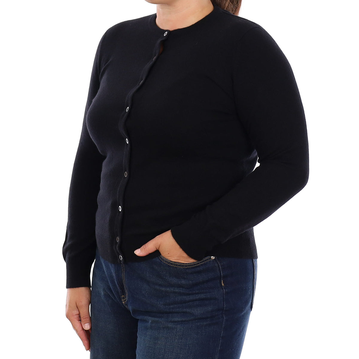 Brand New Scottish Black Cashmere Crew Neck Cardigan Large UK16