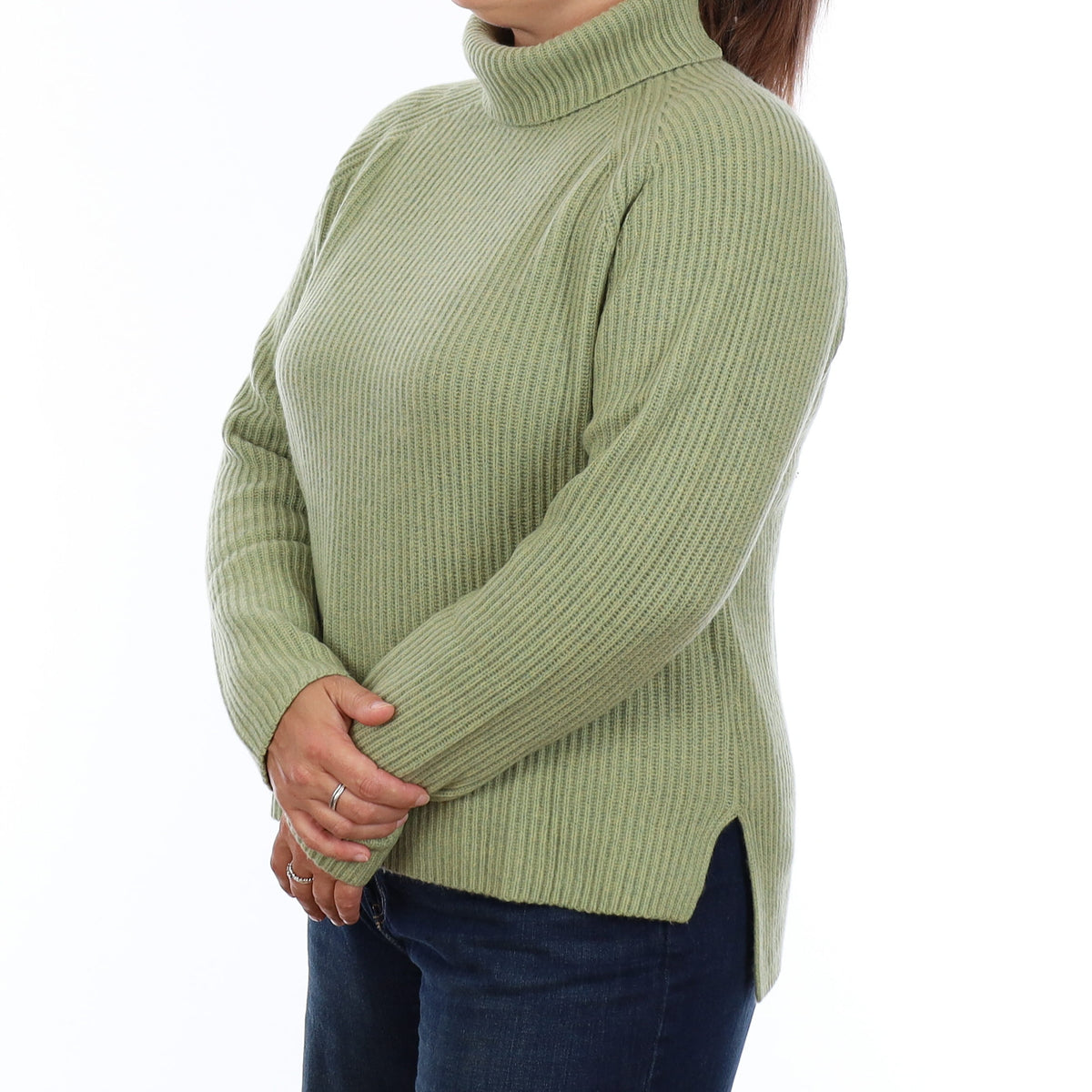 Brand New Pear Green Chunky Rib Cashmere Polo Neck Jumper Large