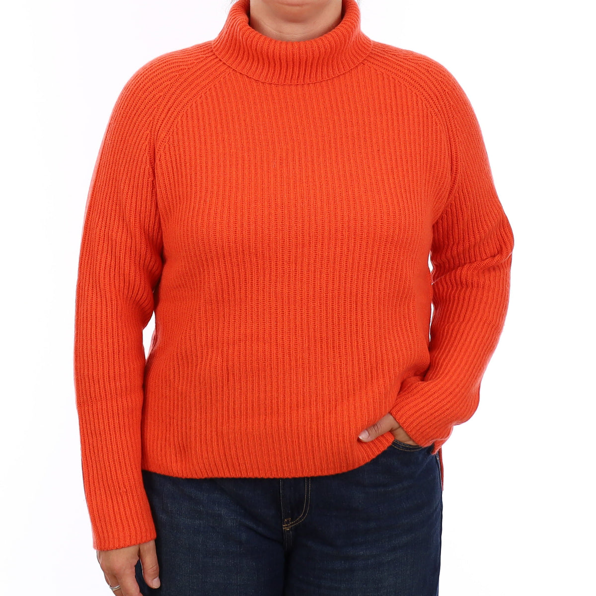 Brand New Flame Orange Chunky Rib Cashmere Polo Neck Jumper Large