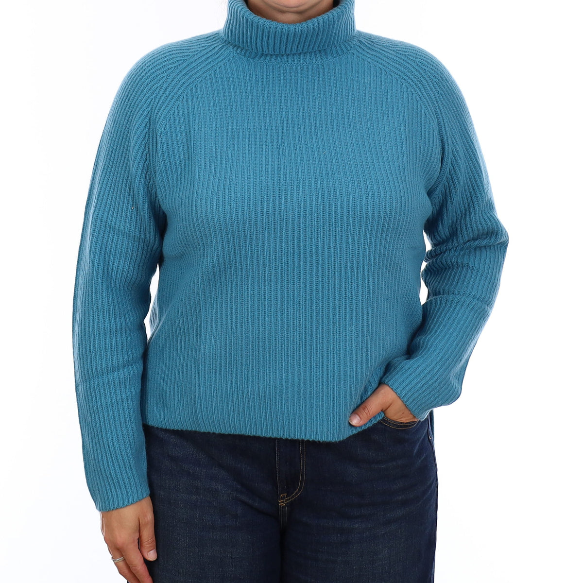 Brand New Teal Chunky Rib Cashmere Polo Neck Jumper Large