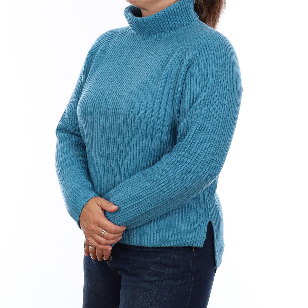 Brand New Teal Chunky Rib Cashmere Polo Neck Jumper Large