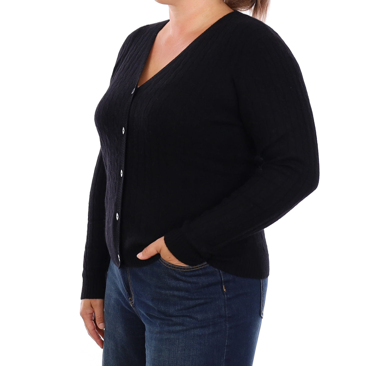 Brand New Black Cable V Neck Cashmere Cardigan Large