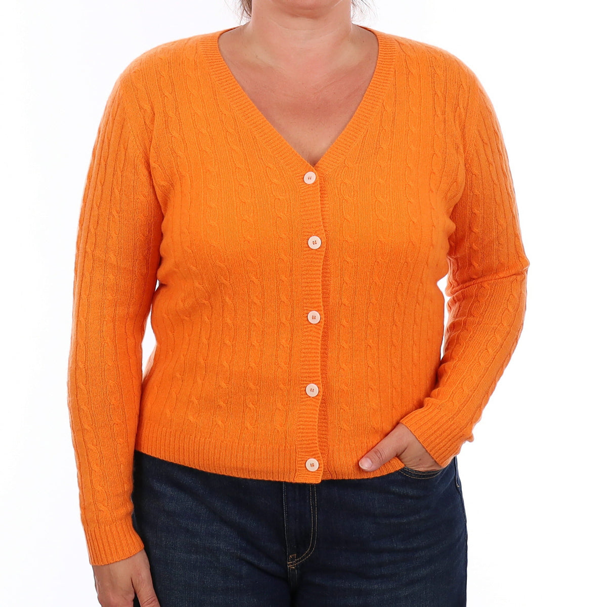 Brand New Clementine Orange Cable Cashmere V Neck Cardigan Large