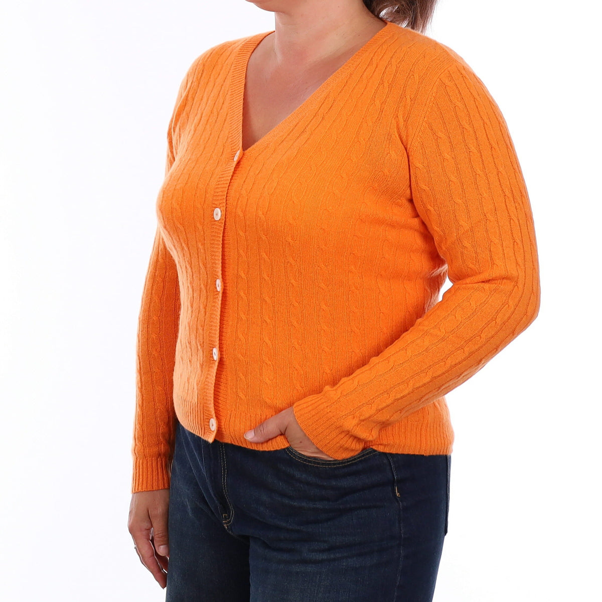 Brand New Clementine Orange Cable Cashmere V Neck Cardigan Large