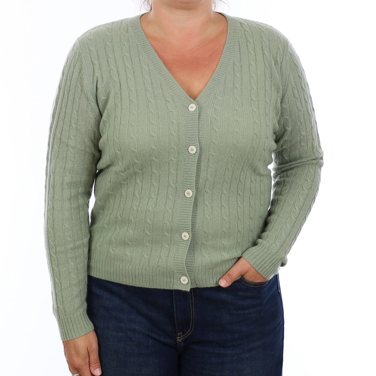 Brand New Sage Green Cable Cashmere V Neck Cardigan Large