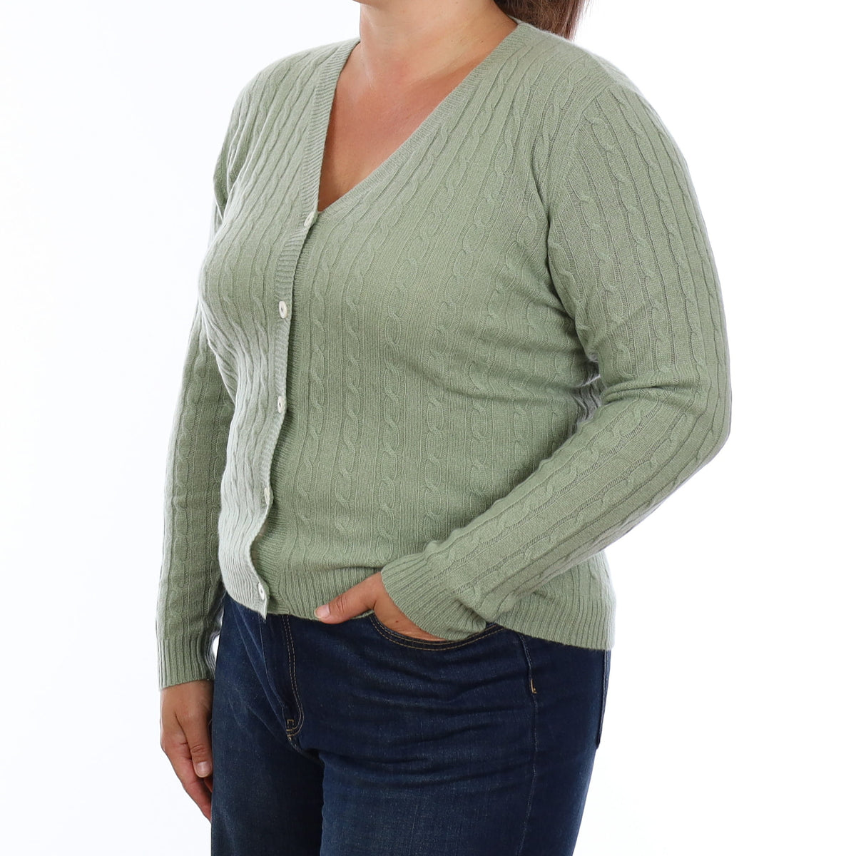 Brand New Sage Green Cable Cashmere V Neck Cardigan Large
