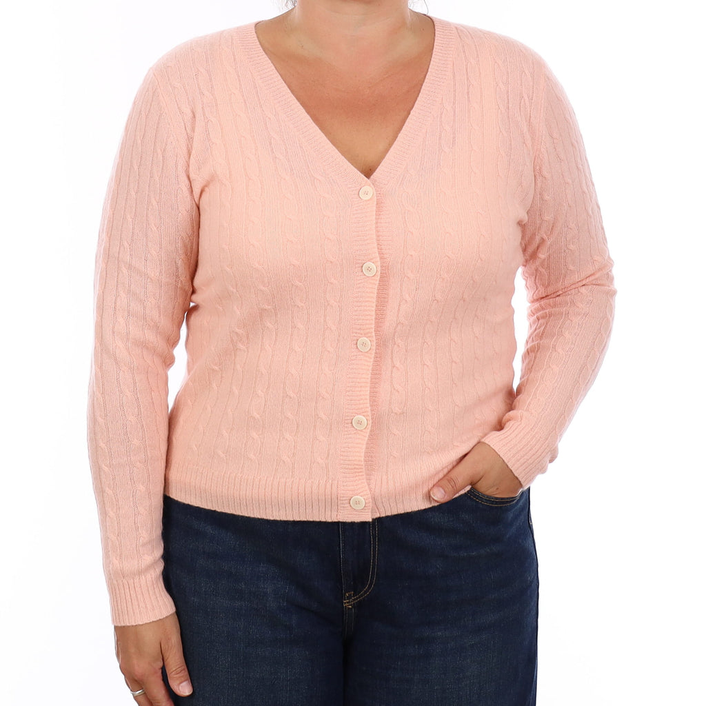 Brand New Peachy Pink Cable Cashmere V Neck Cardigan Large