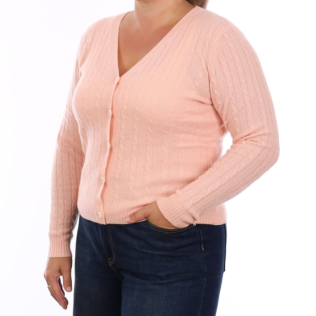 Brand New Peachy Pink Cable Cashmere V Neck Cardigan Large
