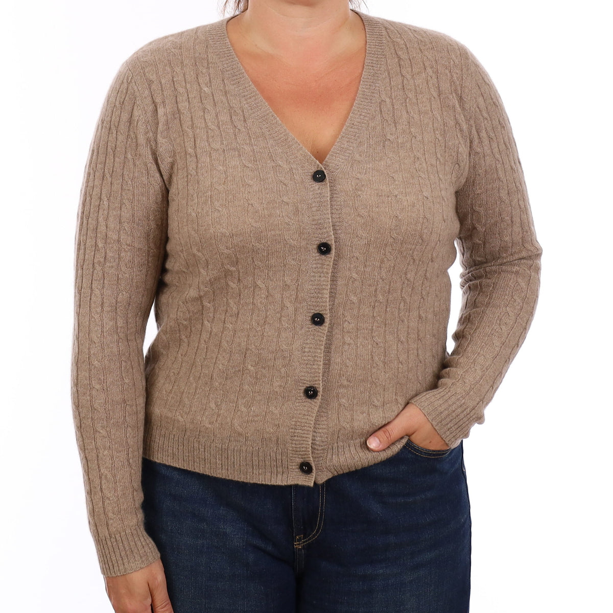 Brand New Taupe Brown Cable Cashmere V Neck Cardigan Large