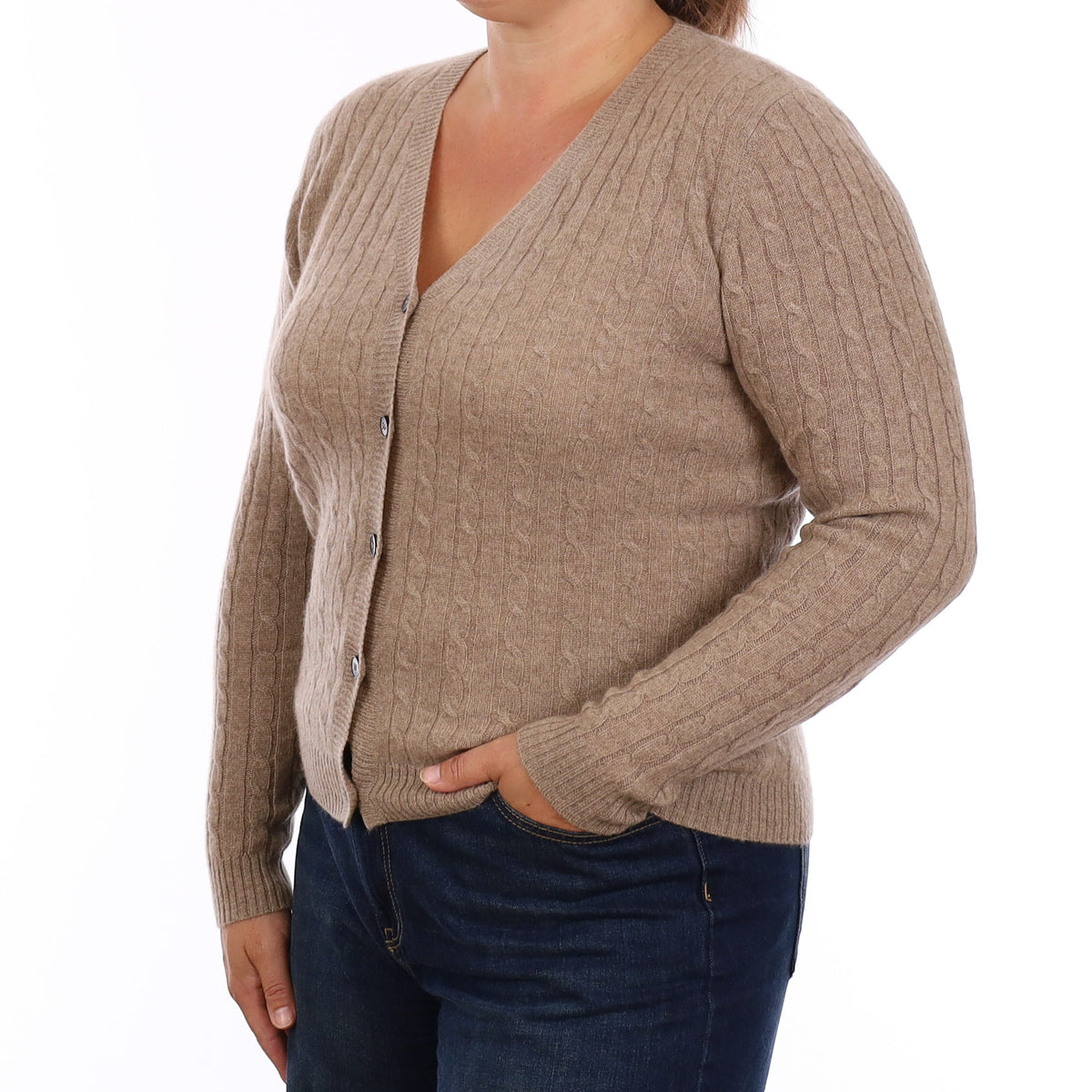 Brand New Taupe Brown Cable Cashmere V Neck Cardigan Large