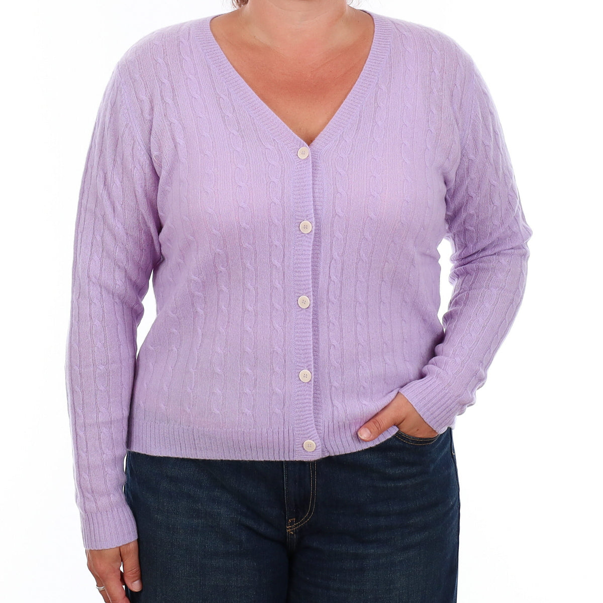 Brand New Lavender Purple Cable Cashmere V Neck Cardigan Large