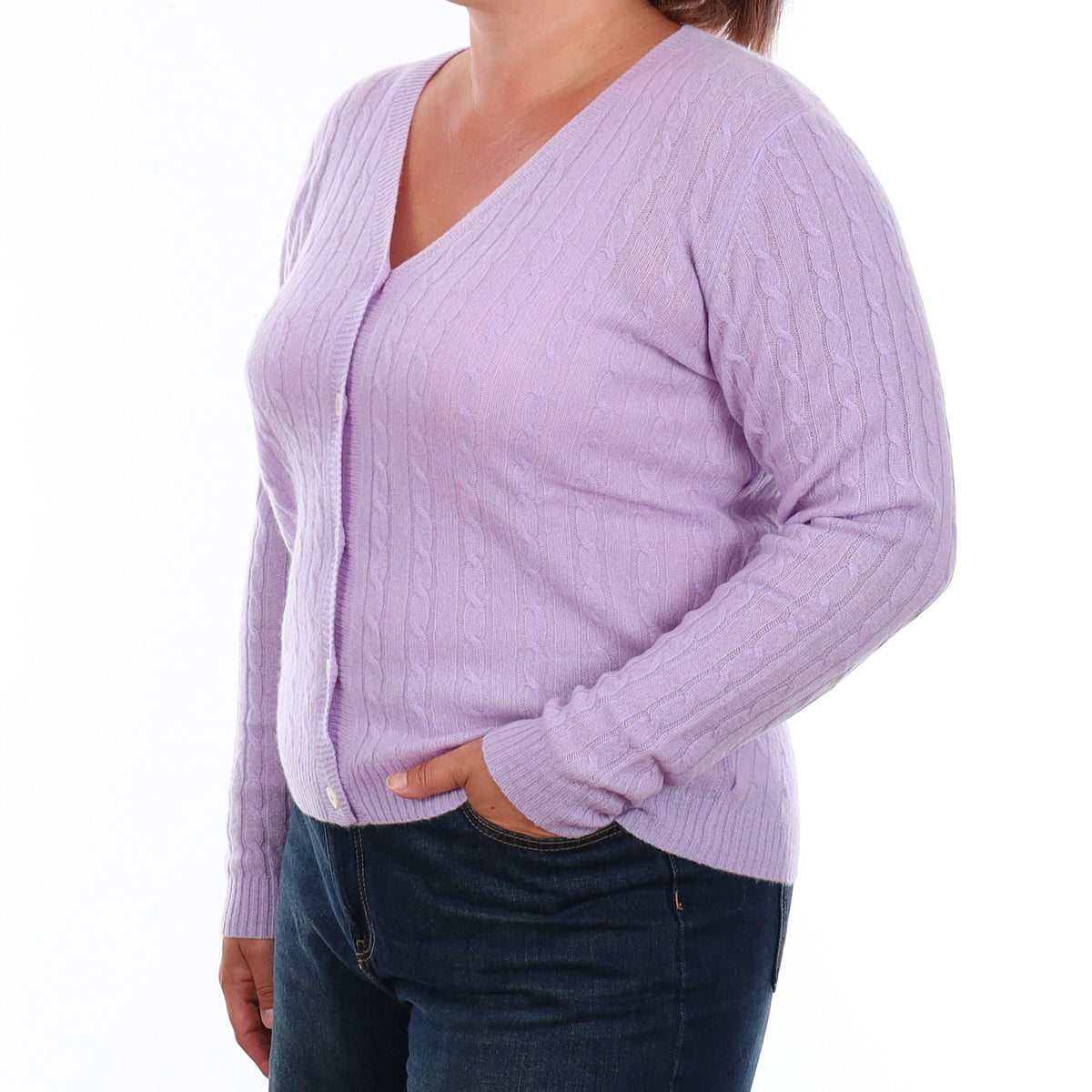 Brand New Lavender Purple Cable Cashmere V Neck Cardigan Large