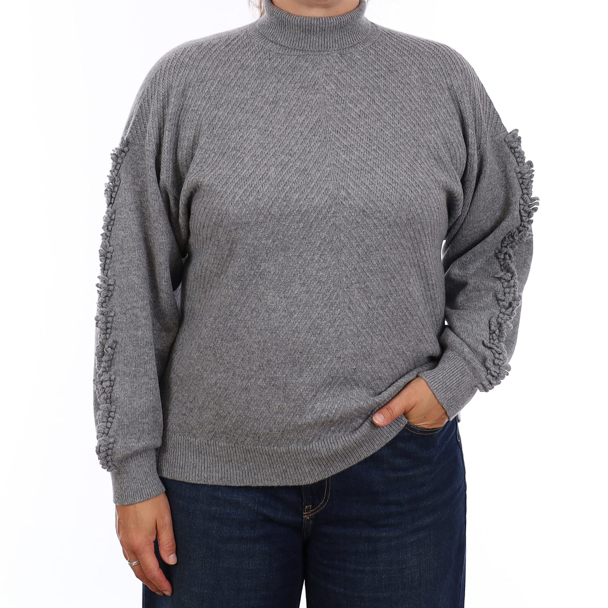 Barrie Ash Grey Textured Cashmere Polo Neck Jumper Large