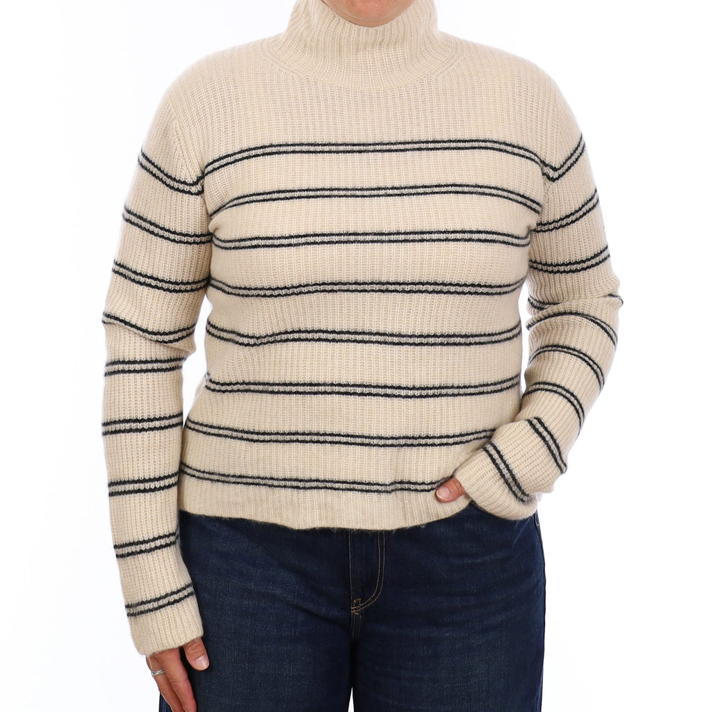 Vince Sand and Black Stripe Cashmere Turtleneck Jumper Large