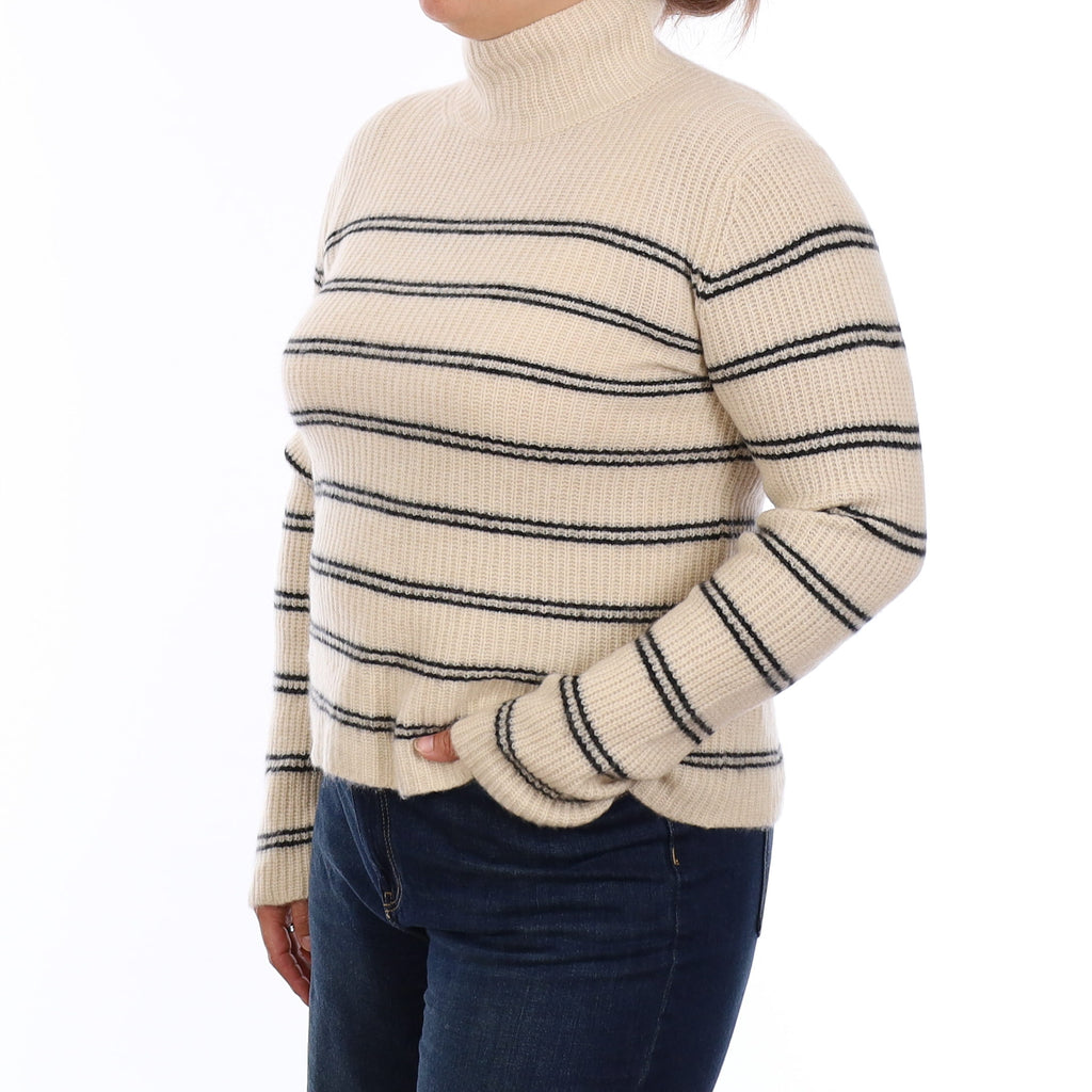 Vince Sand and Black Stripe Cashmere Turtleneck Jumper Large
