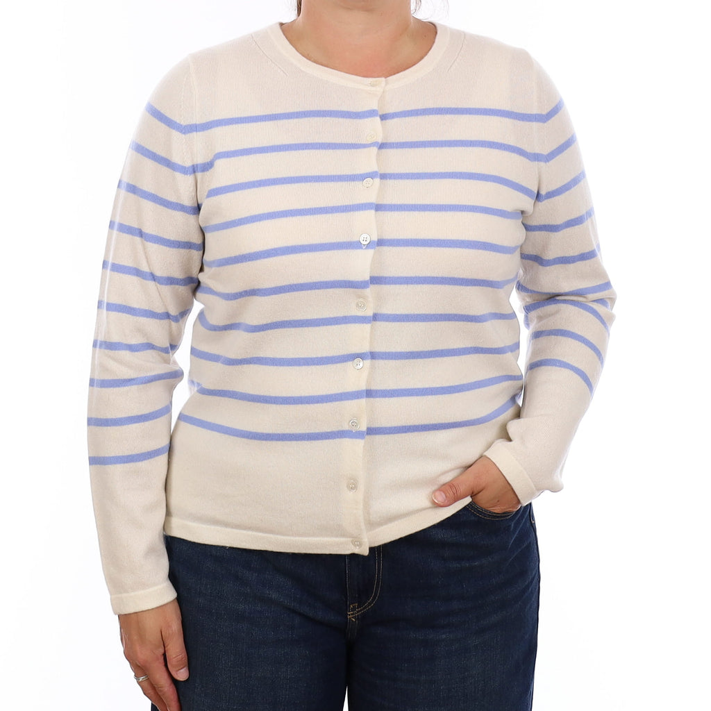 Winter White and Blue Stripe Cashmere Crew Neck Cardigan Large