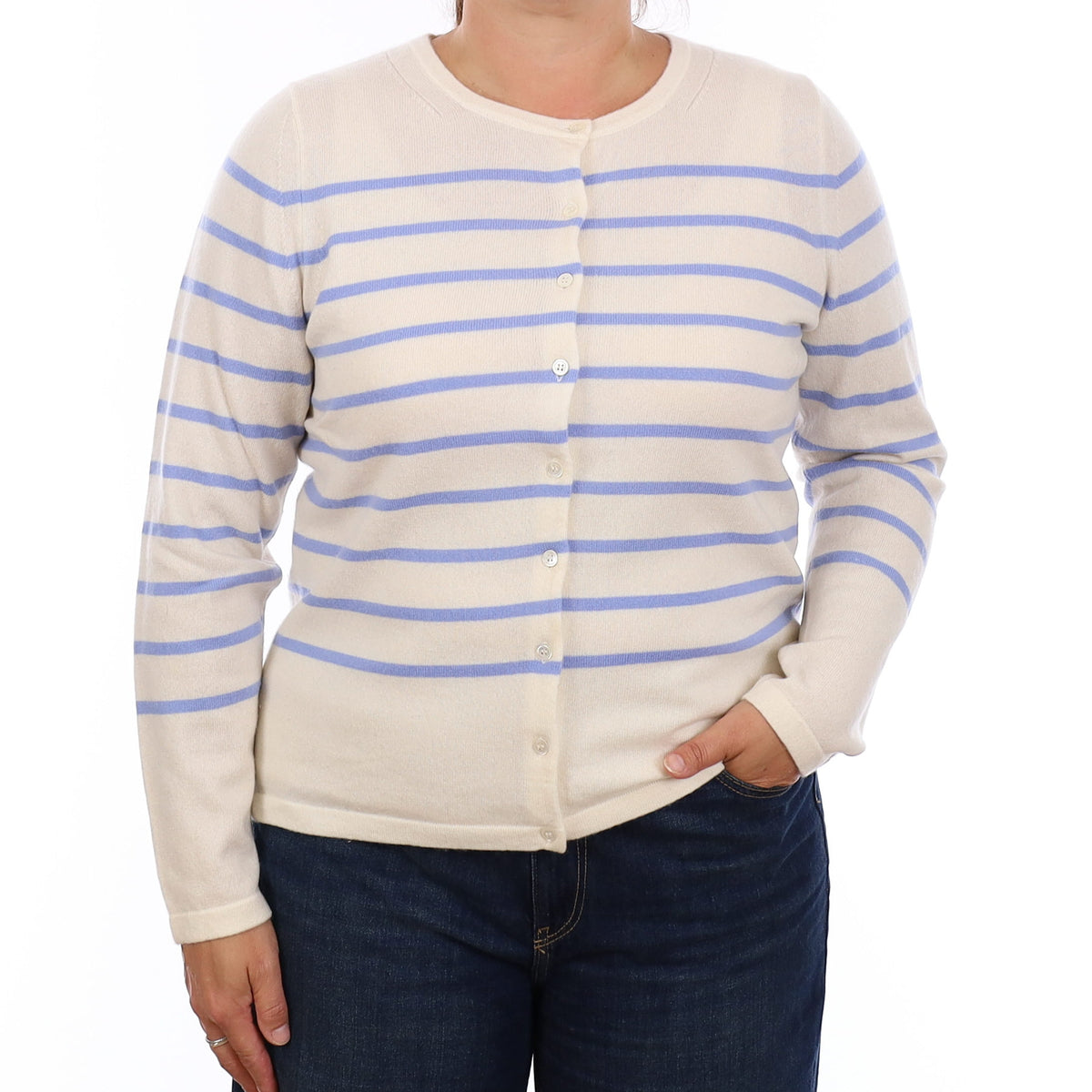 Winter White and Blue Stripe Cashmere Crew Neck Cardigan Large